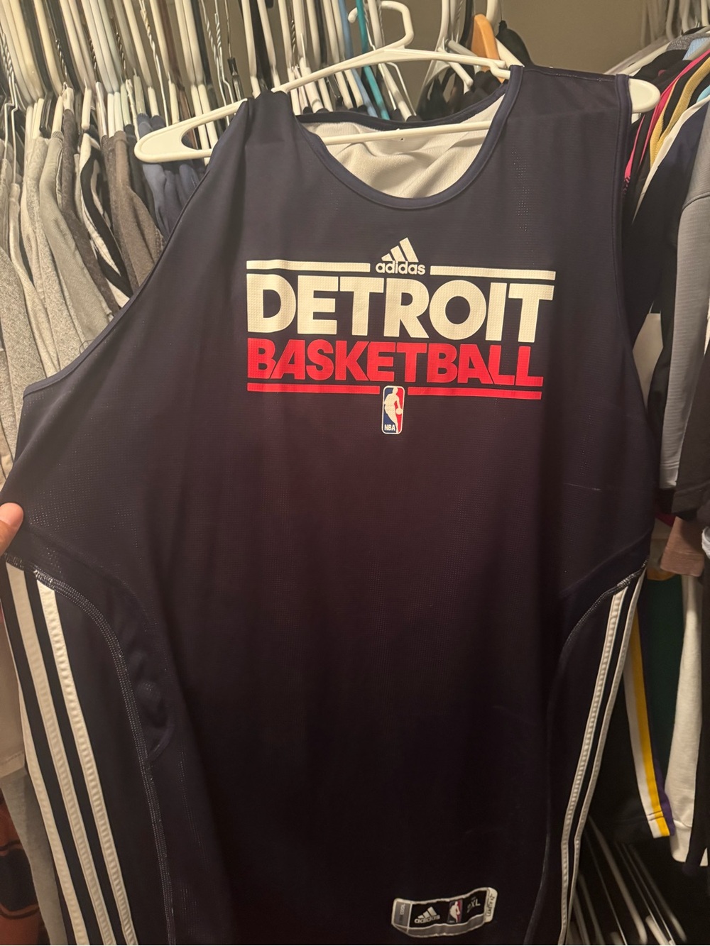 adidas Navy Detroit Basketball Sleeveless Team Jersey with Red & White Lettering
